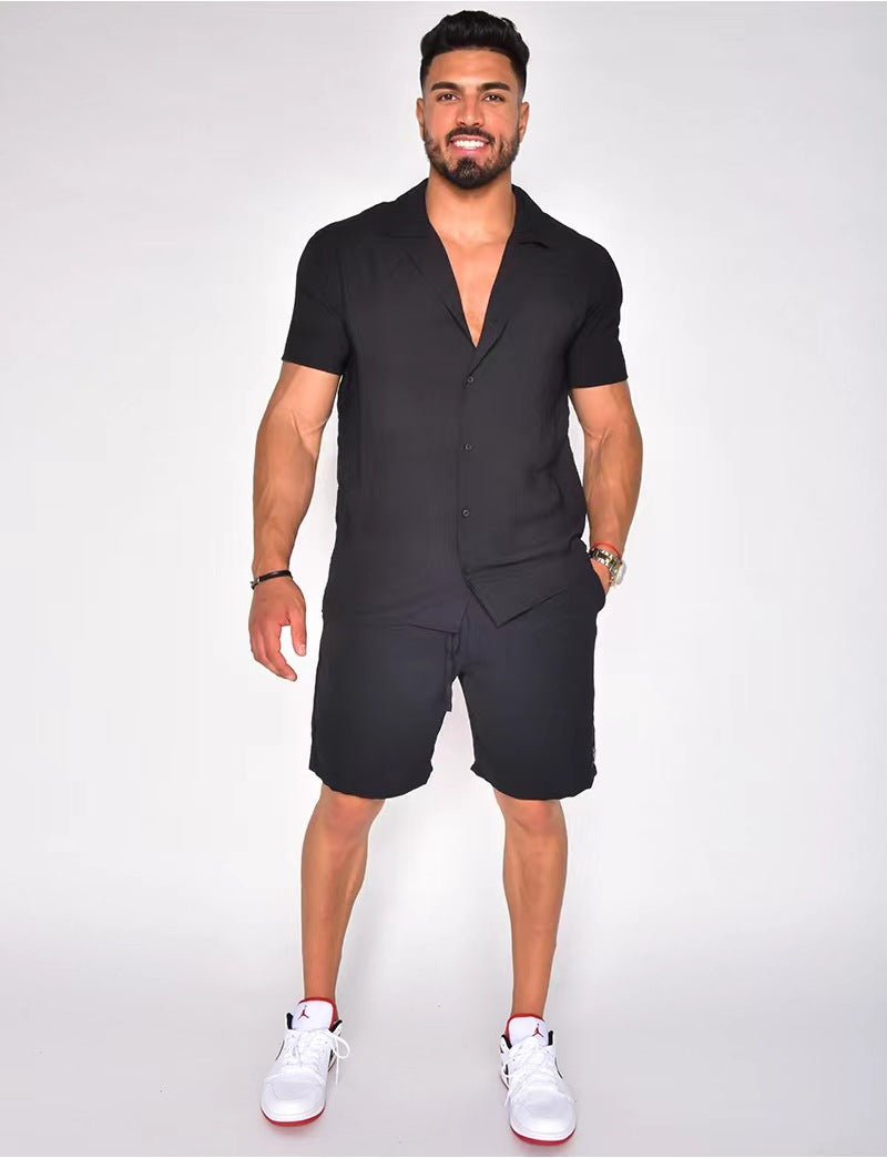 Men's Cotton Linen Two Piece Summer Set Short Sleeve Button Down Shirt and Matching Shorts
