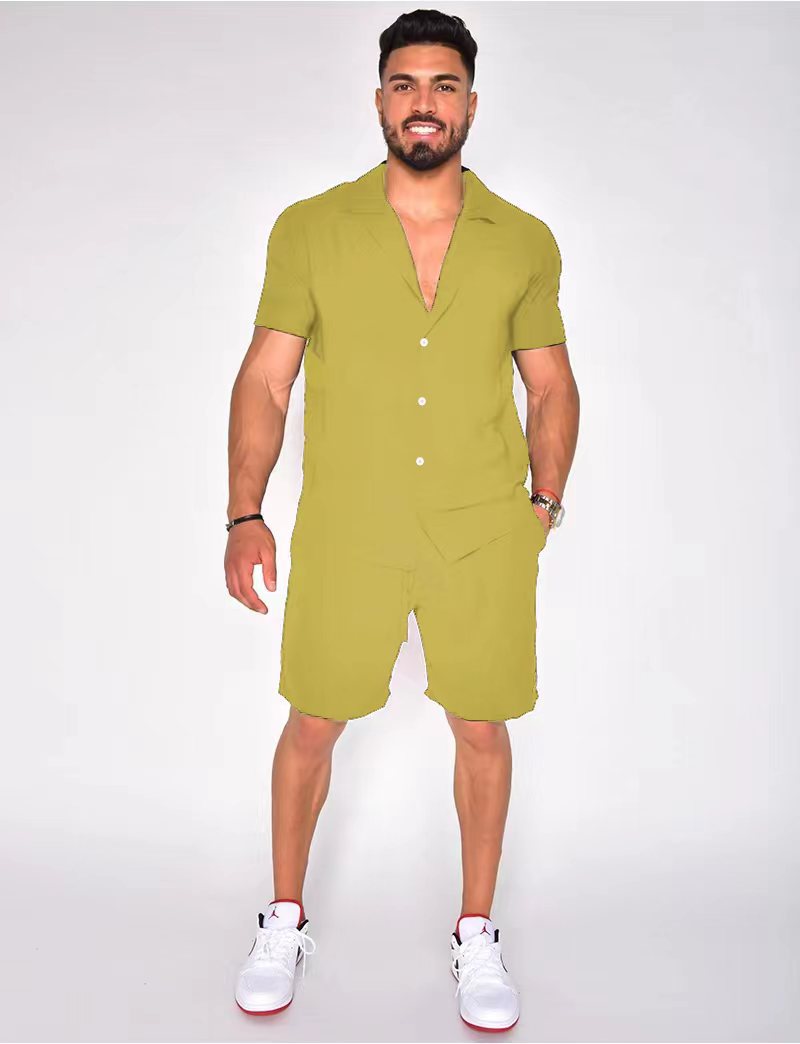Men's Cotton Linen Two Piece Summer Set Short Sleeve Button Down Shirt and Matching Shorts