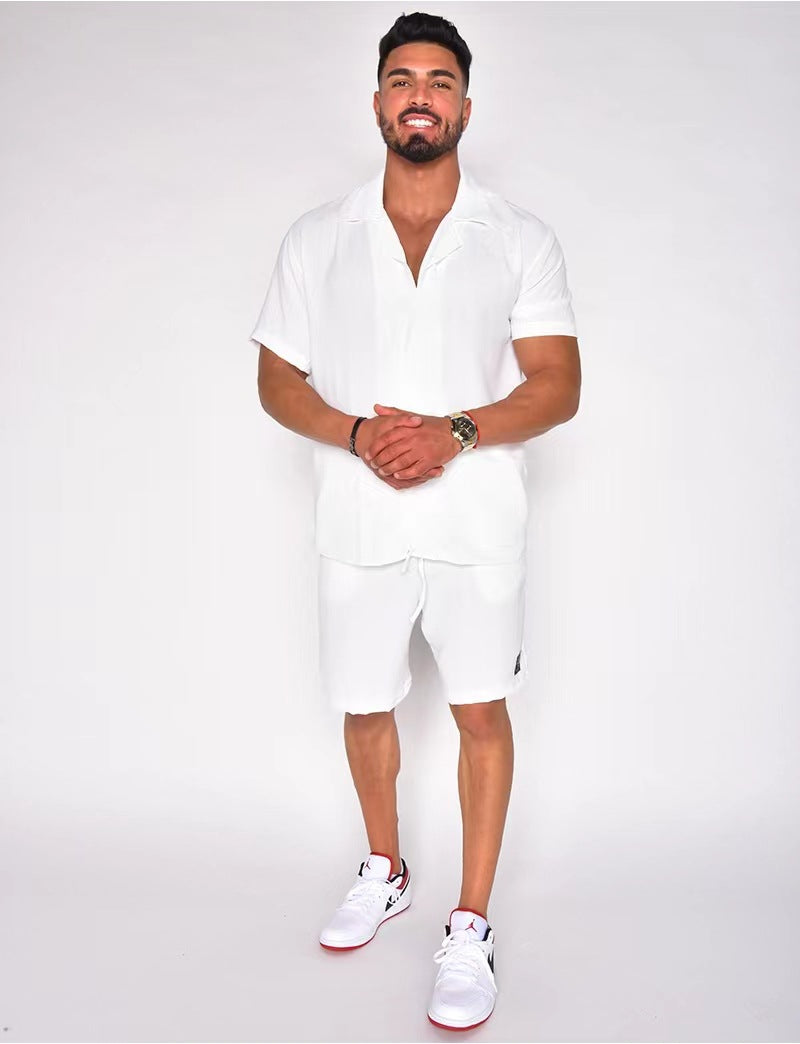 Men's Cotton Linen Two Piece Summer Set Short Sleeve Button Down Shirt and Matching Shorts