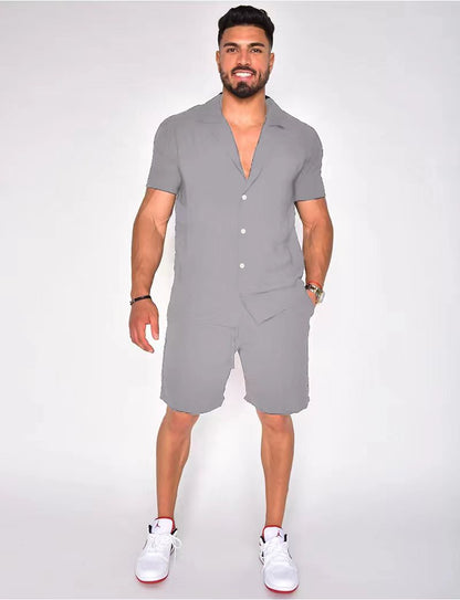 Men's Cotton Linen Two Piece Summer Set Short Sleeve Button Down Shirt and Matching Shorts