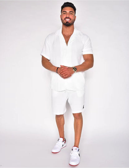 Men's Cotton Linen Two Piece Summer Set Short Sleeve Button Down Shirt and Matching Shorts
