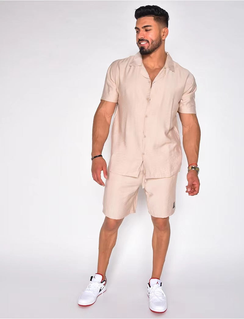 Men's Cotton Linen Two Piece Summer Set Short Sleeve Button Down Shirt and Matching Shorts