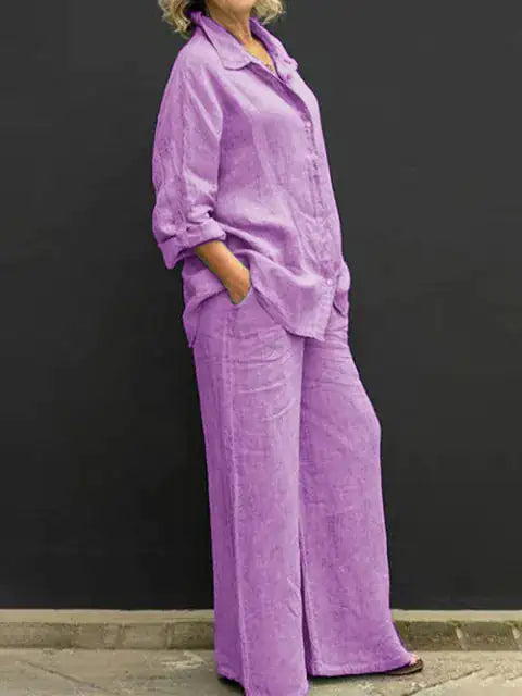 Women's Casual Linen Blend Two Piece Outfit Button Up Shirt and Elastic Waist Pants