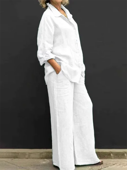 Women's Casual Linen Blend Two Piece Outfit Button Up Shirt and Elastic Waist Pants