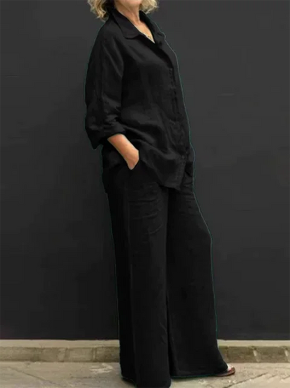 Women's Casual Linen Blend Two Piece Outfit Button Up Shirt and Elastic Waist Pants