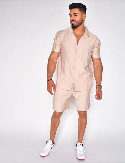 Men's Cotton Linen Two Piece Summer Set Short Sleeve Button Down Shirt and Matching Shorts
