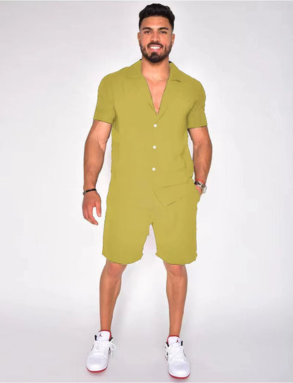 Men's Cotton Linen Two Piece Summer Set Short Sleeve Button Down Shirt and Matching Shorts