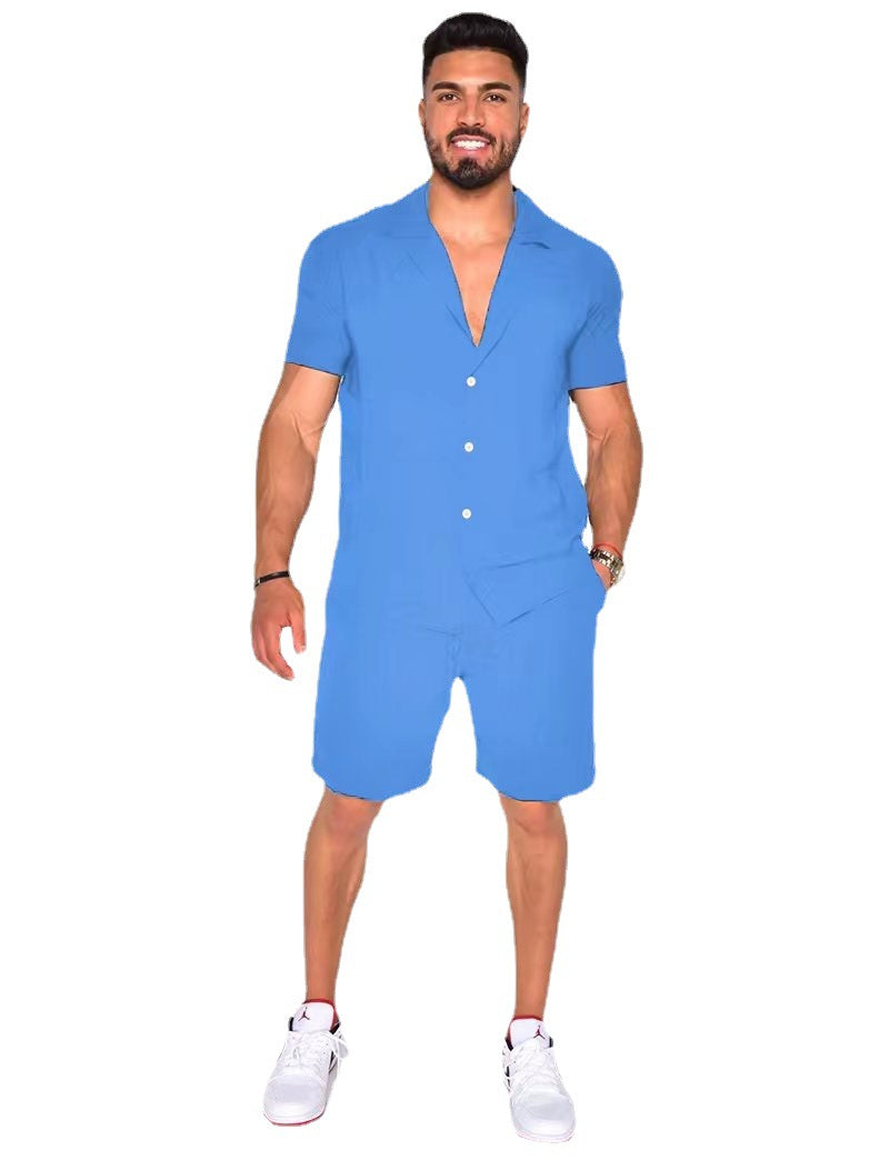 Men's Cotton Linen Two Piece Summer Set Short Sleeve Button Down Shirt and Matching Shorts