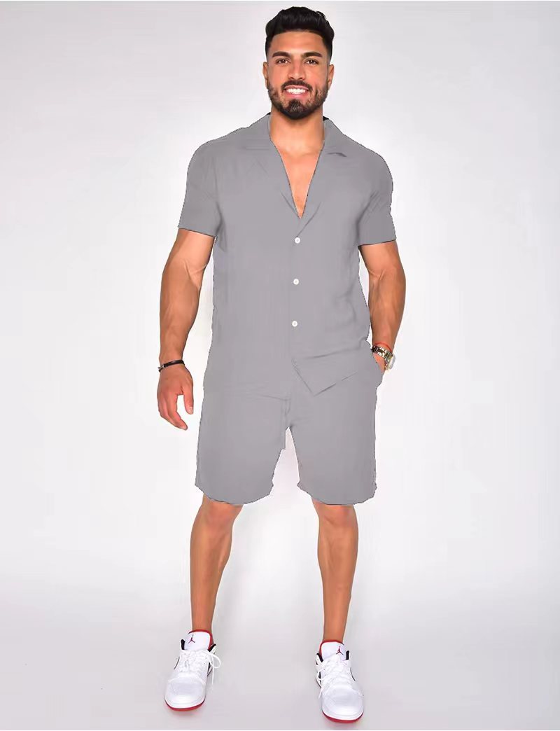 Men's Cotton Linen Two Piece Summer Set Short Sleeve Button Down Shirt and Matching Shorts