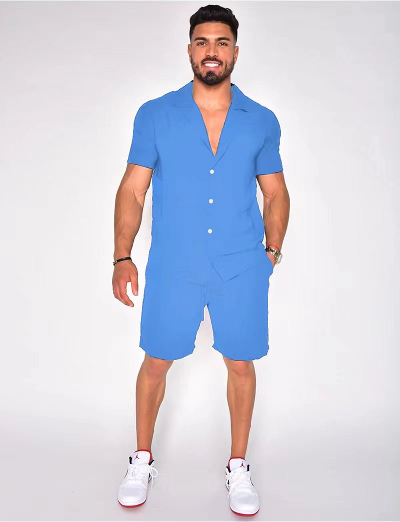 Men's Cotton Linen Two Piece Summer Set Short Sleeve Button Down Shirt and Matching Shorts