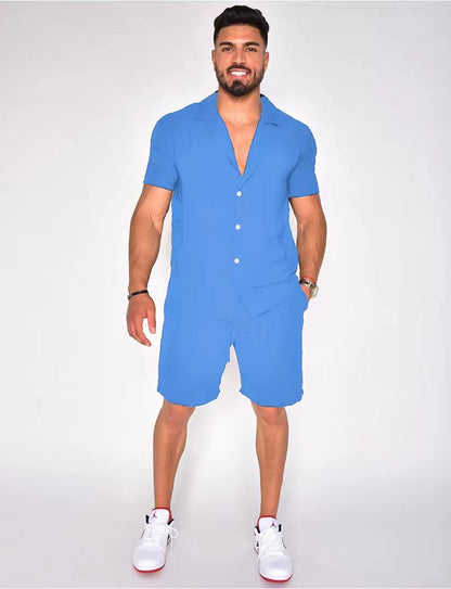 Men's Cotton Linen Two Piece Summer Set Short Sleeve Button Down Shirt and Matching Shorts