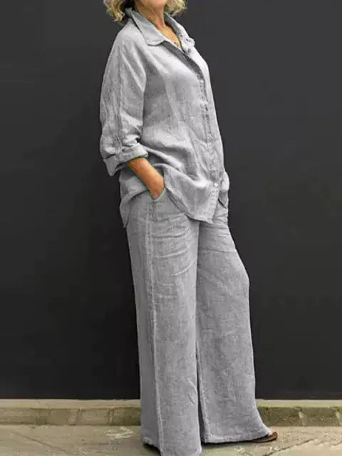 Women's Casual Linen Blend Two Piece Outfit Button Up Shirt and Elastic Waist Pants
