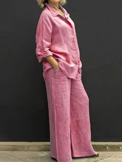 Women's Casual Linen Blend Two Piece Outfit Button Up Shirt and Elastic Waist Pants