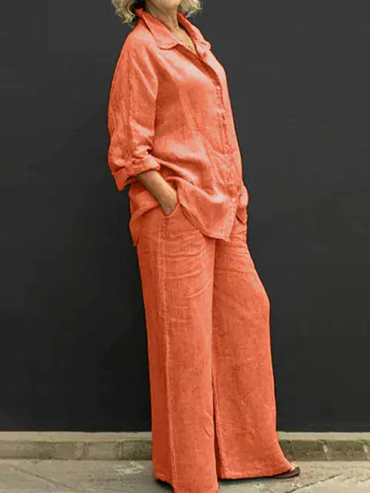 Women's Casual Linen Blend Two Piece Outfit Button Up Shirt and Elastic Waist Pants