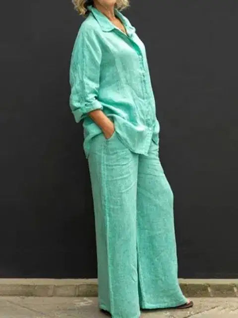 Women's Casual Linen Blend Two Piece Outfit Button Up Shirt and Elastic Waist Pants