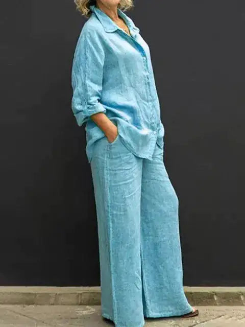 Women's Casual Linen Blend Two Piece Outfit Button Up Shirt and Elastic Waist Pants